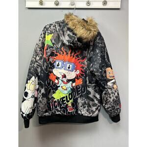 Members Only Nickelodeon Rugrats Fur Hooded Quilted Puffer Jacket‎ Mens XL Black